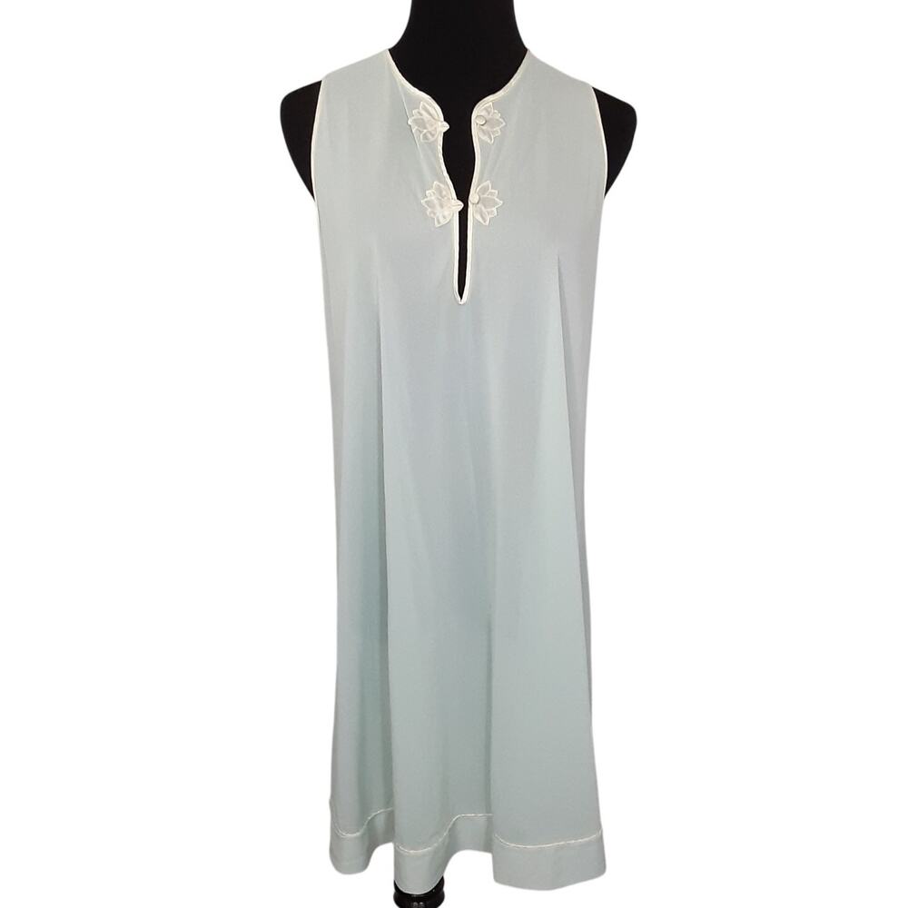 Vintage 1950s Satin Nylon Nightgown Blue Sheer Lingerie Sleep Dress S Nightie
